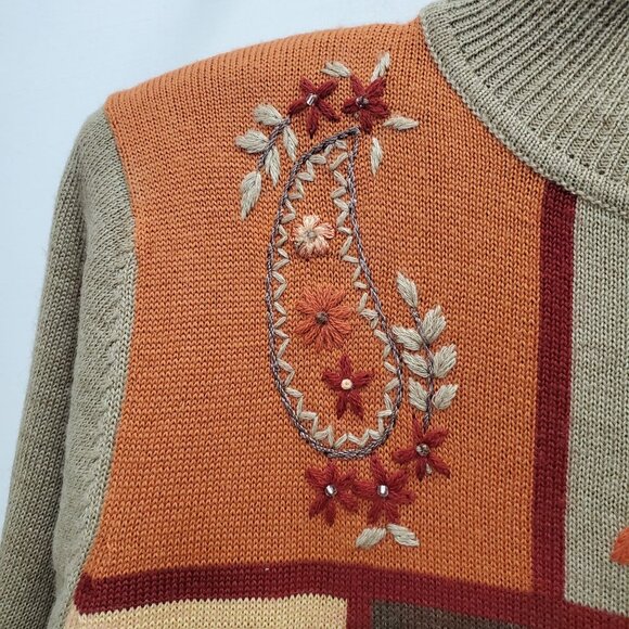 Alfred Dunner Petite Vintage Earthy 70s Embroidered Cottagecore Mock Sweater PM - Picture 3 of 9